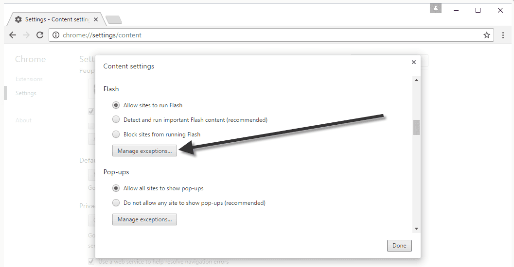 Screenshot of the Chrome 55 manage exceptions button
