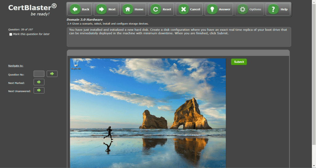 Screenshot of CertBlaster A+ 1101 Performance base question start screen